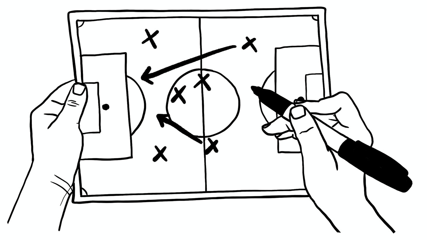 Illustration of a sketched team play plan on a soccer pitch.