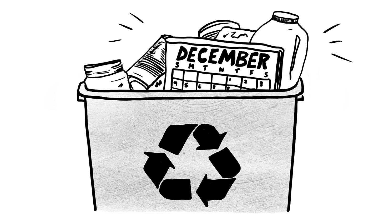 Illustration of the December of last year's calendar peeking out of recycling bin