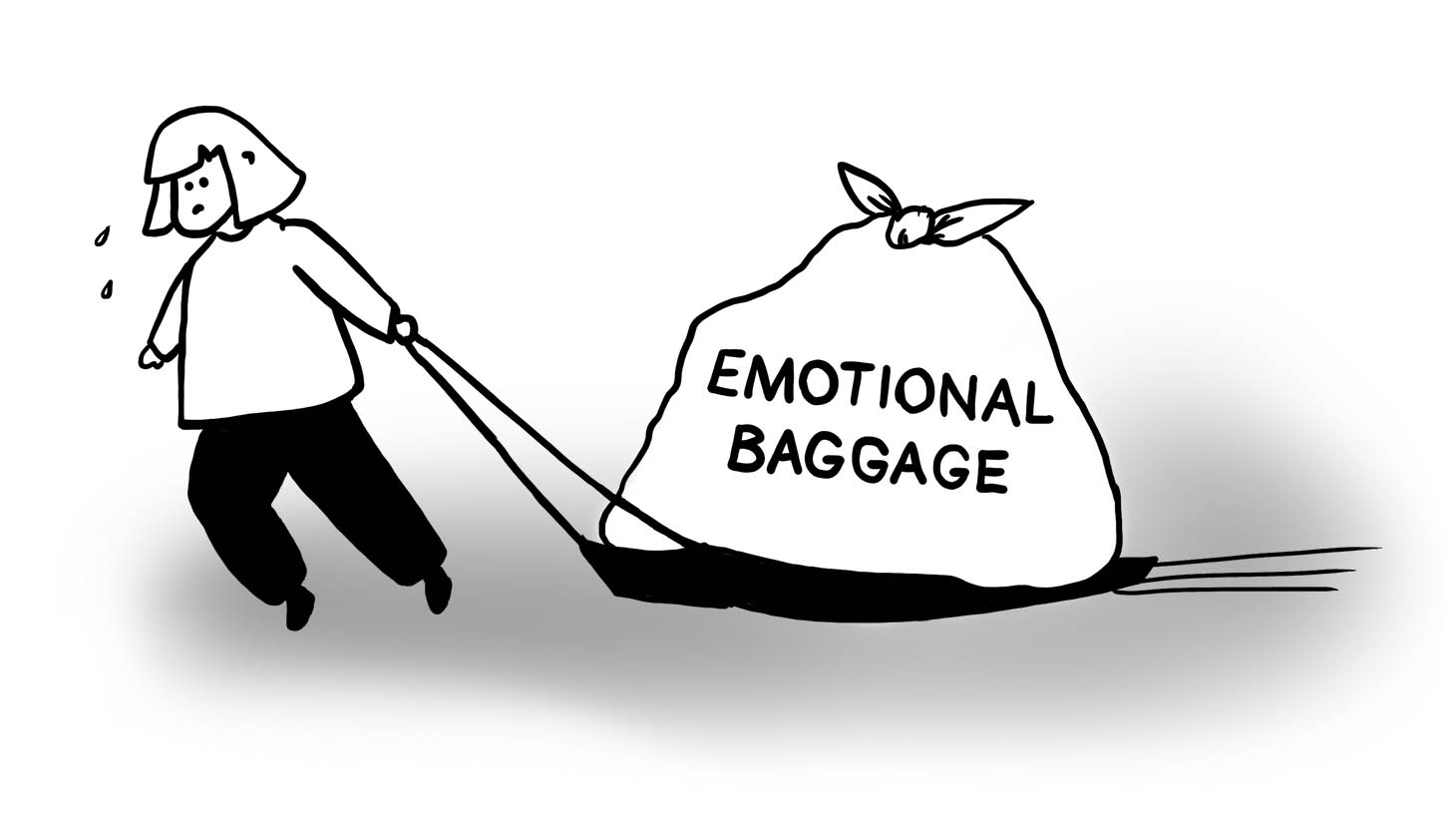 A person drags a huge sled of emotional baggage as they walk