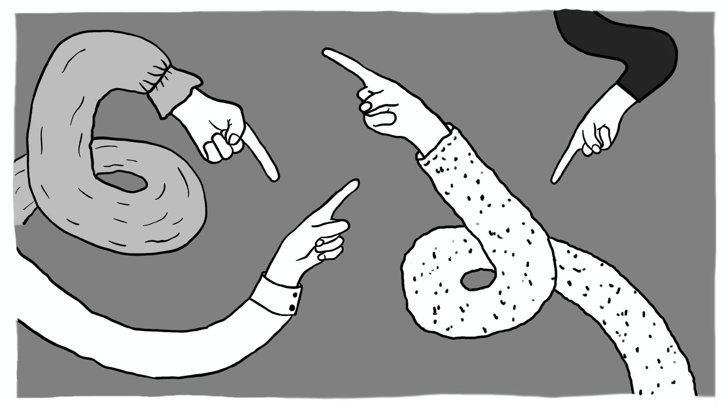 Cartoon-ish fingers point in circles at each other