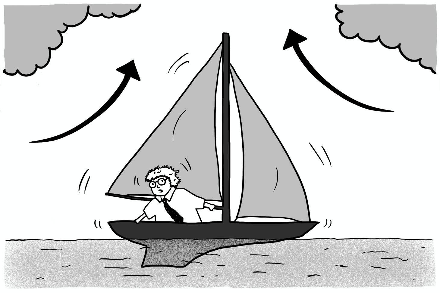 A sailboat in the ocean with strong winds coming from both sides