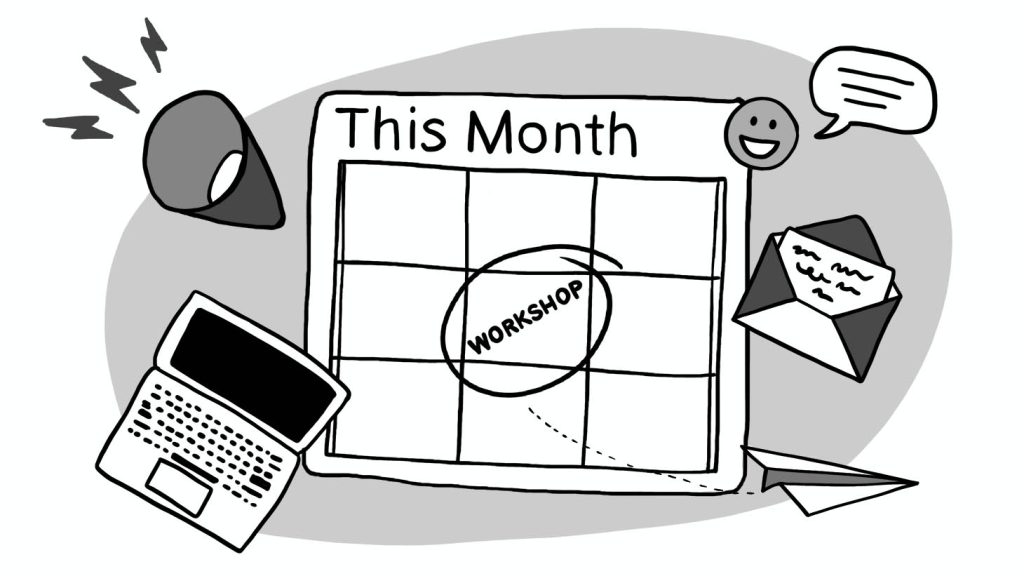 Calendar with circled date labelled WORKSHOP