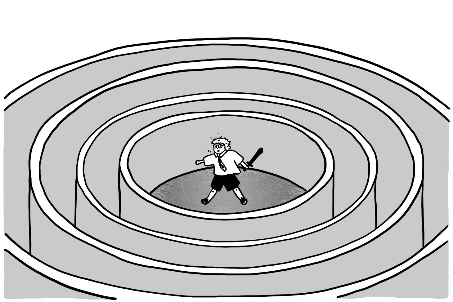 A lone person with a sword and walls encircling them