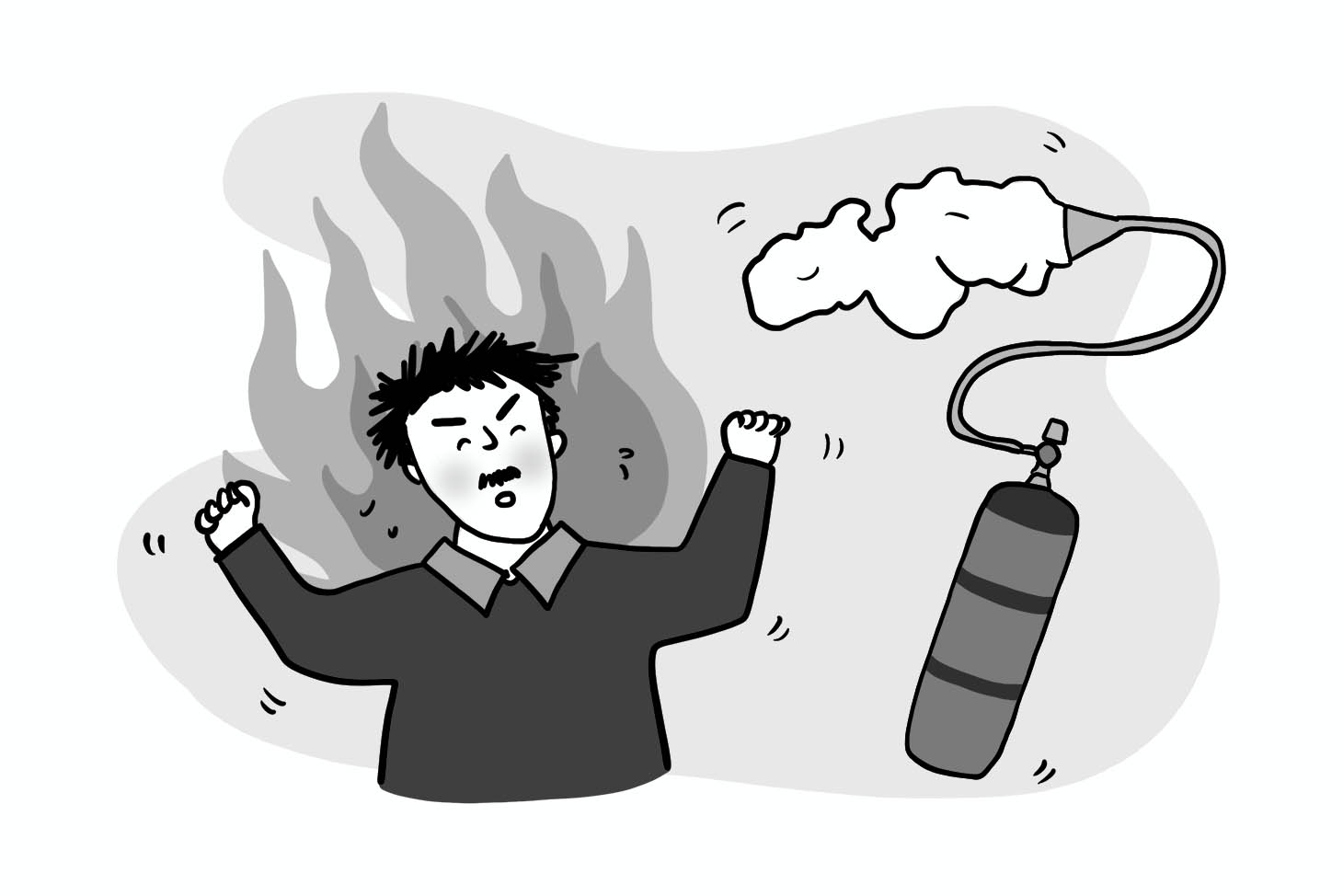 An angry character with flames radiating off them and a fire extinguisher trying to put it out