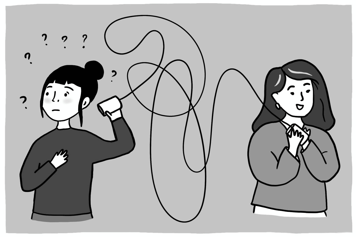 Talking into stringed together cans with question marks around listener