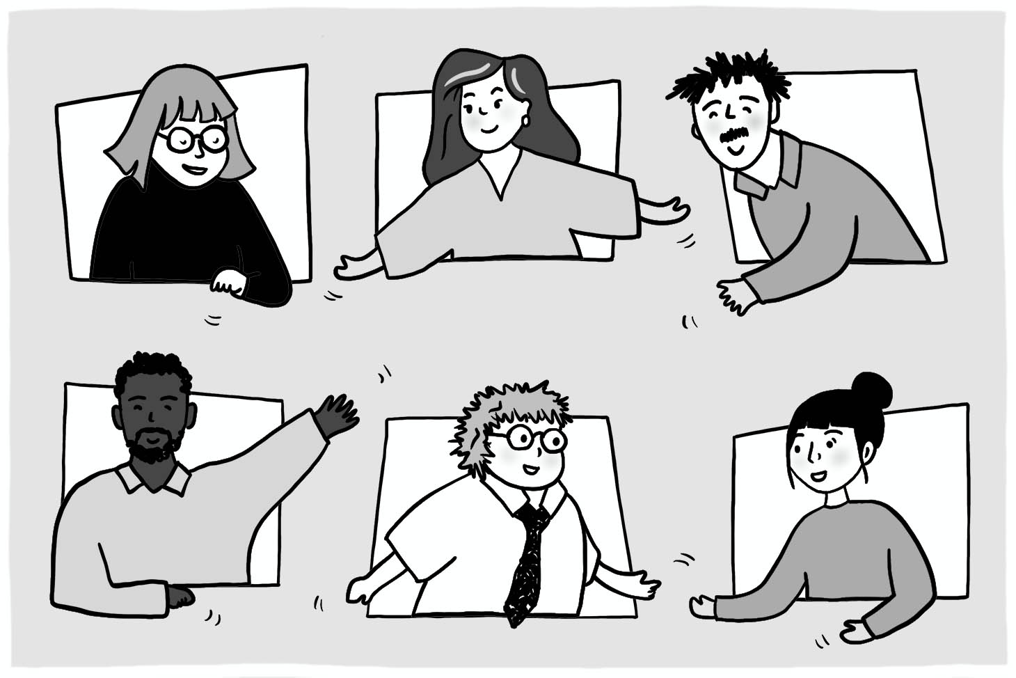 Six neighbours lean out their windows in friendly gestures