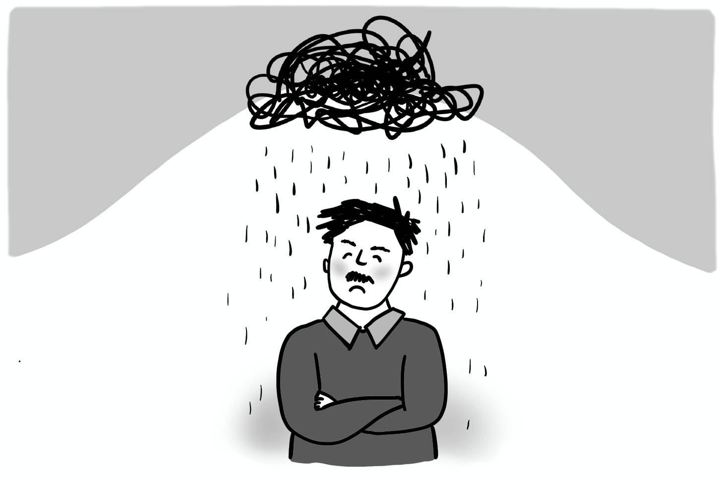 An unhappy person stands with their arms crossed underneath a raincloud