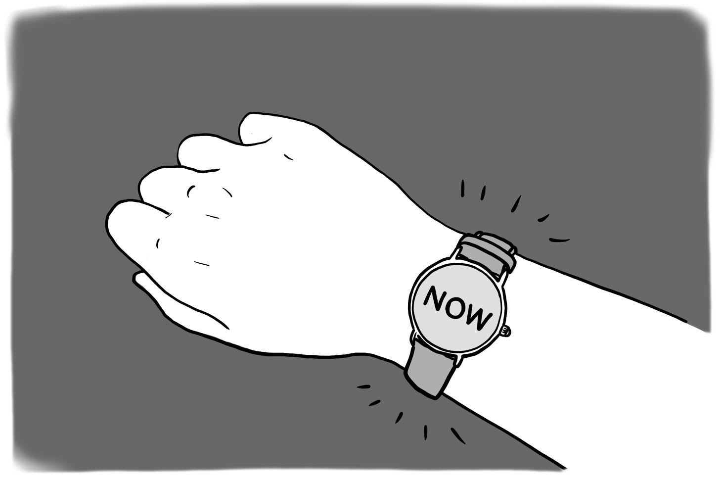 A watch on a wrist showing the time as ’NOW’