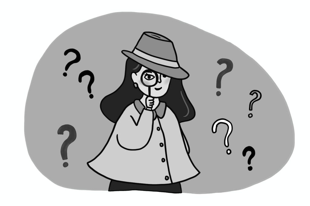A woman dressed as a detective with a magnifying glass held to her eye, with question marks in the air around her