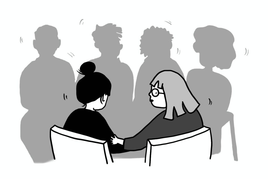 A circle of people talking and listening to each other