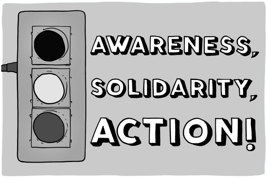 A traffic light flashing red for awareness, yellow for solidarity, and green for ACTION