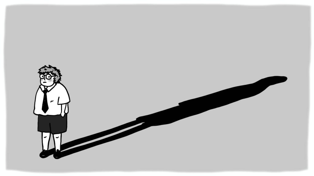 One person casts a long shadow to the edge of the frame