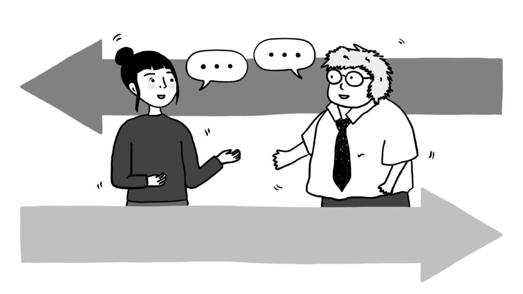 Two people having a conversation with arrows going both ways